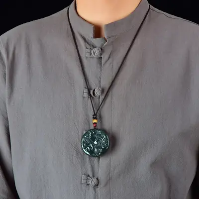 Hetian Jade Poetic Landscape Necklace with Red Beads