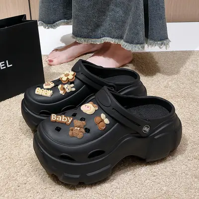 Women's Black Thick Sole Croc Sandals Summer