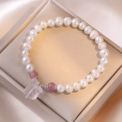 S925 Pearl Bracelet with Pink Crystal & Strawberry Accent