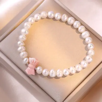 S925 Pearl Bracelet with Pink Bow for Women