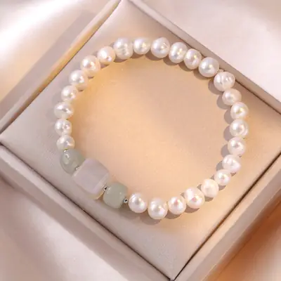 S925 Pearl Bracelet with Jade Accent Adjustable Women