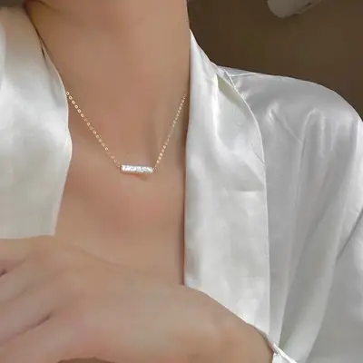 Natural Baroque Silver Strip Pearl Necklace Women's Spring and Summer S925 Silver Plated 18K Gold Necklace Light Luxury Niche Clavicle Chain