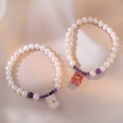 S925 Pearl Bracelet with Amethyst & Crystal Bow