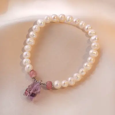 S925 Pearl Bracelet with Amethyst Charm for Women