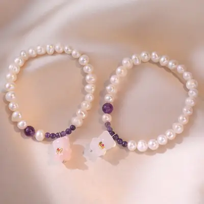 S925 Pearl Bracelet with Amethyst & Crystal Bow