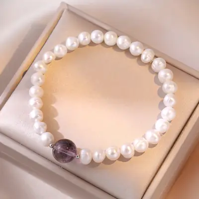 S925 Pearl Bracelet with Vintage Amethyst Drop