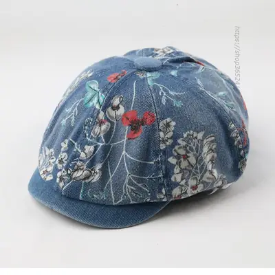 Retro Denim Octagonal Hat with Floral Print
