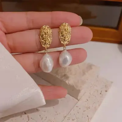 Pearl Earrings Gold Plated Silver Needle Drawn