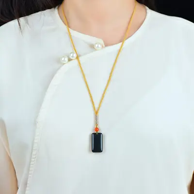 Black Jade Peace Card Necklace with Red Pearl