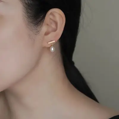 Natural Pearl Earrings Small Elegant Gold T-Shape