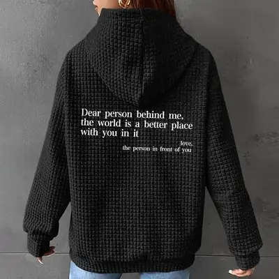 Women Waffle Hooded Letter Print Sweater Autumn Winter