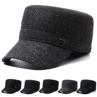 Men's Grey Knitted Peak Cap with Built-In Ear Muffs