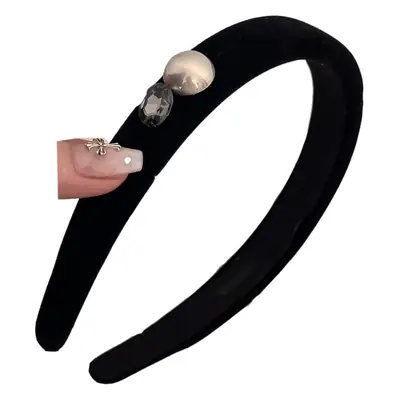 Black Velvet Pearl Rhinestone Headband for Women