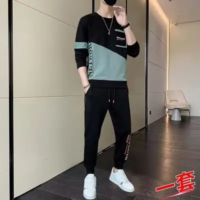 Men Korean Style 2023 Sports Suit Black White Slim Fit