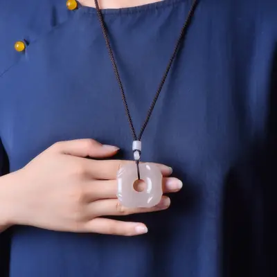 Gold Silk Jade "Fang Ping An Button" Necklace