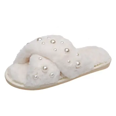 European and American Style Home 2026 New Flat Pearl Cross-Tie Furry Slippers for Women, Candy-Colored Cotton Slippers for Women