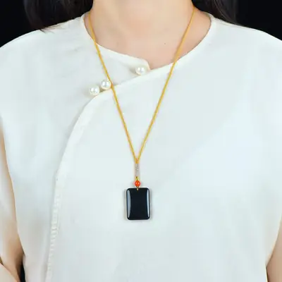 Black Gold Jade Peace Card Necklace with Red Pearl