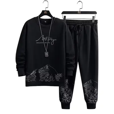 Men Black Mountain Print Sweatshirt Set Spring Autumn Loose Fit
