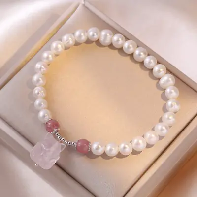 S925 Pearl Bracelet with Pink Crystal Nine-Tail Design