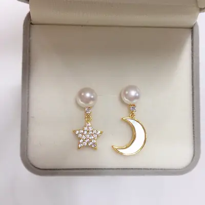 Women Star & Moon Pearl Earrings 18K Gold Filled
