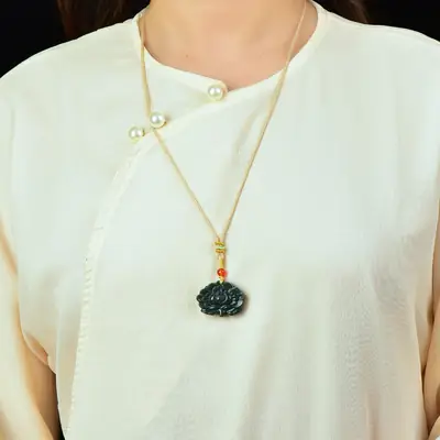 Jade Flower Pendant with Red Bead Necklace