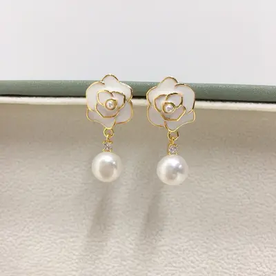 18K Gold-Filled White Camellia Pearl Earrings for Women
