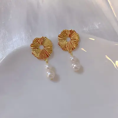 Natural Baroque Pearl Earrings Gold Sun Halo Design