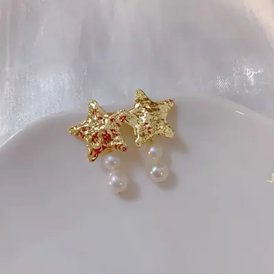 Star Scroll Pearl Earrings for Women French Style