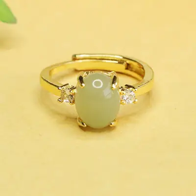 Aiyu Jade Ring with Prong Setting Gold Tone