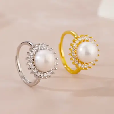 Women's Pearl Open Ring with Gold Plated Design