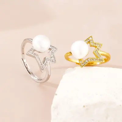 Korean Star Pearl Open Ring for Women Gold Yellow
