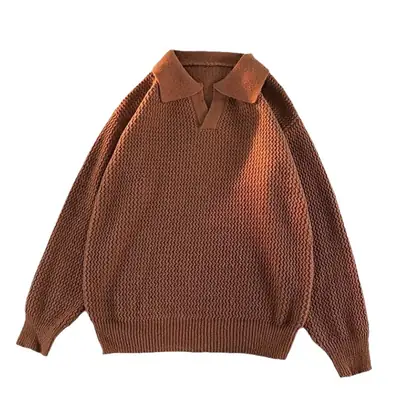 Men's Brown V-Neck Lapel Sweater Loose Fit