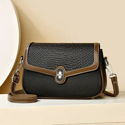 Women's Croc Leather Shoulder Bag Teal Brown