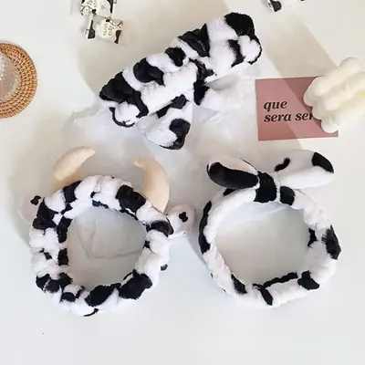 Plush Cow Horn Hair Bands Black White Cute Accessories