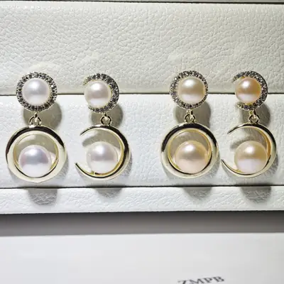 S925 Silver Pearl Moon Earrings Women's AB Design