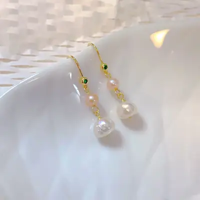 Elegant Pearl Ear Hooks with Emerald Green Accents