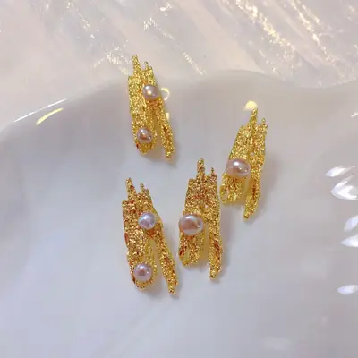 Greek Lava Orchid Pearl Earrings Gold Plated