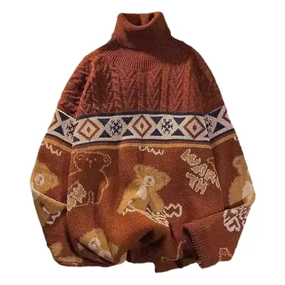 Winter Turtleneck Sweater for Men Women Brown Bear Print