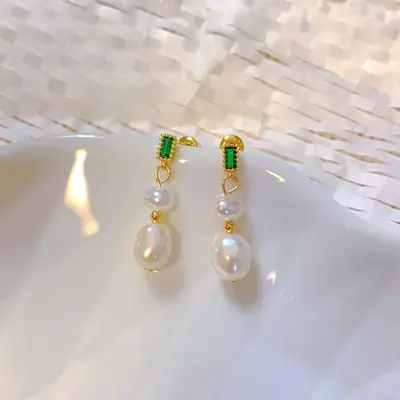 Green Emerald Zircon Pearl Earrings for Women