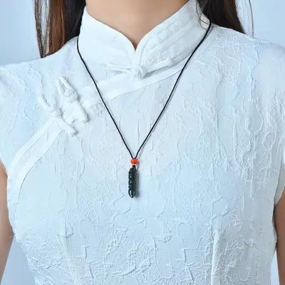 Hetian Jade Wenchang Pen Necklace with Red Bead