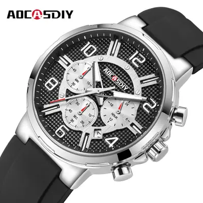 AOCASDIY Men's Chronograph Quartz Watch Black Silicone Strap