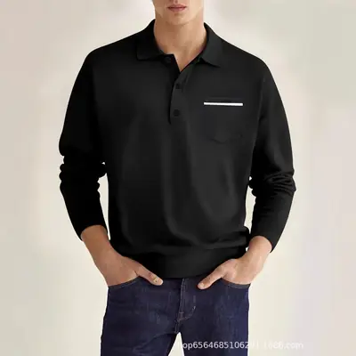 Men's Beige Polo Shirt with Pocket & V-Neck