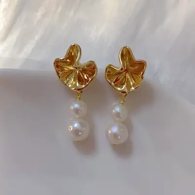 14k Gold Lotus Pearl Earrings for Women