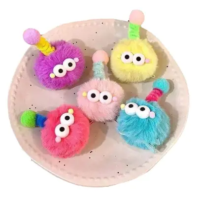 Pink Plush Hairpin with Blue Pom Pom