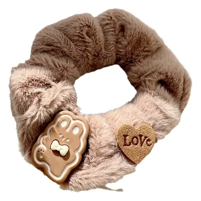 Early Autumn Milk Brown Plush Hair Ring with Cartoon Bear