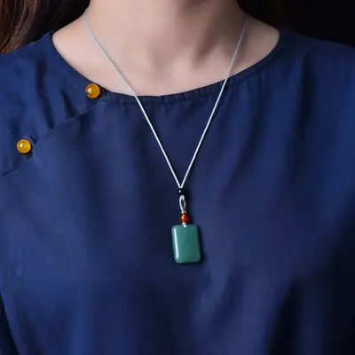 Dongling Jade Ping An Pai Necklace with Red Beads