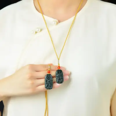 Hetian Jade Dragon & Phoenix Pendant Set