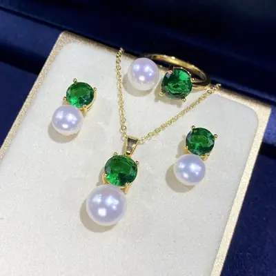 2025 Freshwater Pearl Green Zircon Ring Earrings Pendant Set