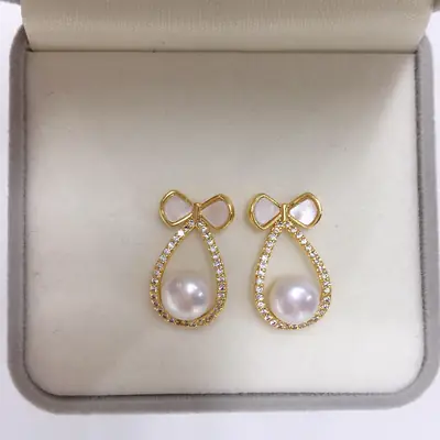 Zhuji Pearl Earrings 18K Gold Filled Sweet Bow Design