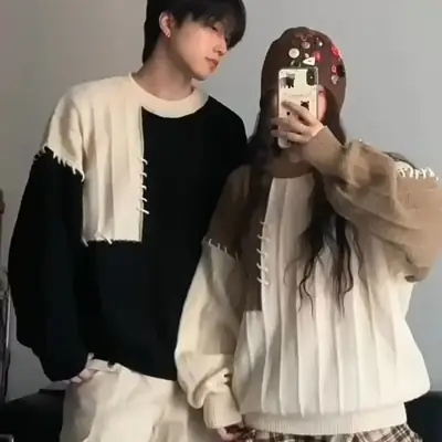 2023 New Couple Dress Korean Loose Sweater Men's Retro Contrast Color Lazy Style All-match Sweater Jacket